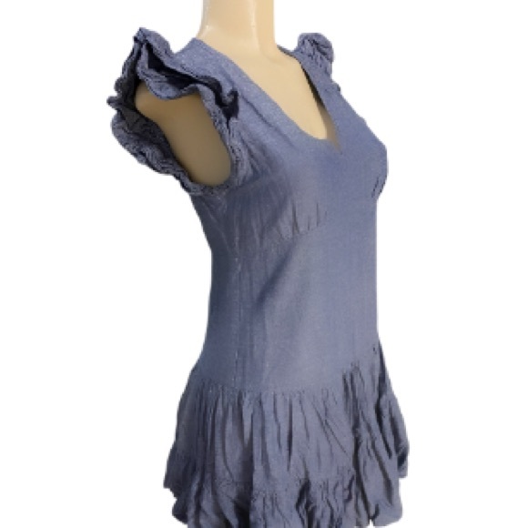 JILL Jill Stuart Dress Blue Chambray Tiered Ruffle Flutter Sleeve Mini. Size S - Picture 6 of 7